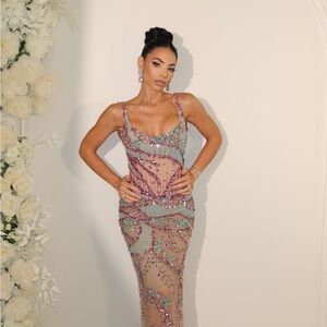 Pink and Silver Sequin Maxi Dress with Plunge Neckline